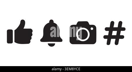 Black Silhouette Set aus sozialen Medien wie, Glocke, Kamera und Hashtag Stock Vektor