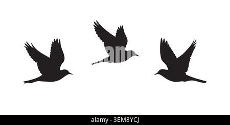 Schwarzes Silhouette Set mit drei fliegenden Vögeln in Bewegung Stock Vektor