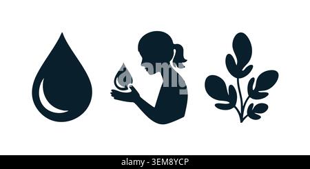 Schwarze Silhouette Set aus Wassertropfen, Frauenprofil und Blattpflanze Stock Vektor