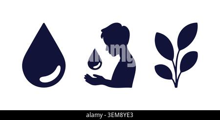 Dark Navy Silhouette Set aus Wassertropfen Mann und Blatt Pflanze Stock Vektor