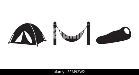Schwarzes Set mit Outdoor-Campingausrüstung für die Silhouette Stock Vektor