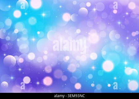 Violetter und blauer Bokeh-Hintergrund mit Glitzerfunkeln. Magischer Einhornverlauf, traumhafte Pastell-Fantasy-Atmosphäre, schillernde Lichteffekte, Fee Stock Vektor