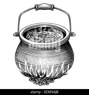 Zauberer oder Zauberer kochen Kessel auf Feuer und Hexenelemente für magische Rituale, Spiritualismus und halloween. Volldigital handgezeichnet Stock Vektor