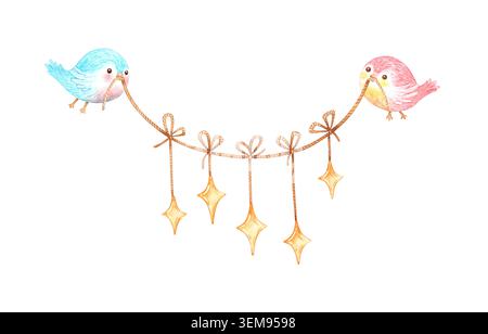 Zwei Vögel, die eine Girlande aus hängenden Sternen an der Schnur halten, Aquarell isoliert. Für zauberhafte Kinderzimmer-Dekor, Weihnachtskarten, Geburtstagsfeiern und Fantasy in Stockfoto