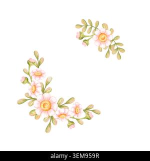 Halbkranz aus rosa Gänseblümchen mit grünen Knospen und Blättern, Aquarell isoliert vom Hintergrund. Für Eckdekorationen, Hochzeitseinladungen, Frühlingskarten und Stockfoto