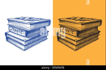 Bücher über magische Zauberei und Hexerei Elemente für magische Rituale, Spiritualismus und halloween. Volldigitale handgezeichnete Gravur in alt Stock Vektor
