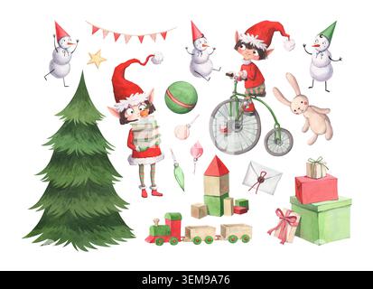 Eine Reihe von Illustrationen mit süßen Weihnachtselfen und Schneemännern Stockfoto