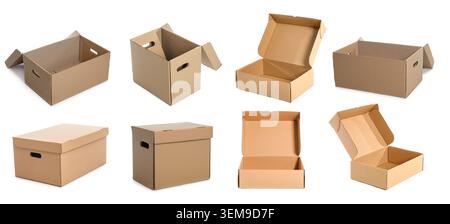 Collage offener Kartonschachteln auf weißem Hintergrund Stockfoto