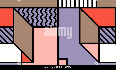 Geometrisches Design mit Rechtecken, Linien und Zickzack-Elementen in Pastellviolett, Korallen und Braun Stockfoto