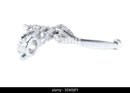 Kupplungsbaugruppe aus Aluminium für Motorräder mit Halteklammer für den Lenker auf weißem Hintergrund. Stockfoto