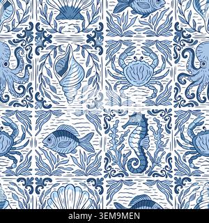 Mittelmeer-Delft-Fliesen-nahtloses Vektor-Fliesenmuster mit Seepferdchen, Oktopus, Krabben, Muscheln und Fisch in handgezeichneter Vintage-Skizze Ozean-blauer Hintergrund Stock Vektor