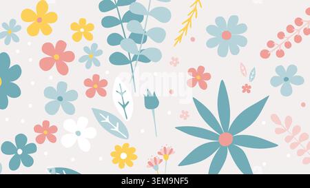 Ein minimales, pastellfarbenes, nahtloses botanisches Muster mit zarten Blättern und kleinen Blüten auf beigefarbenem Hintergrund. Ideal für Schreibwaren, Stoffdrucke, Verpackungen, Geschenkverpackungen und moderne Frühlingsmotive Stockfoto