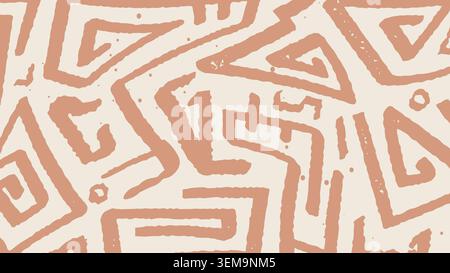 Ein handgezeichnetes Stammesmuster mit Erdtönen und primitiven Symbolen. Perfekt für Boho-Designs, ethnische Drucke, Textilien und rustikale Hintergründe Stockfoto