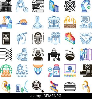 Sammlung verschiedener Symbole, die moderne Technologie und Lifestyle-Konzepte veranschaulichen Stock Vektor