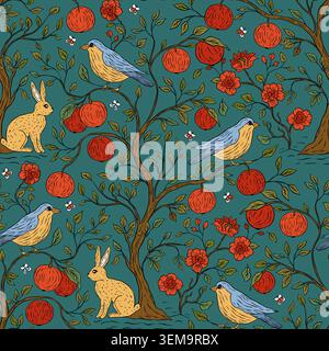Skurrile Böhmische Boho Garden Nahtlose Muster Mit Kaninchen Vogel Apfelfrucht Baum Blühende Blume Und Dekorative Reben Stock Vektor