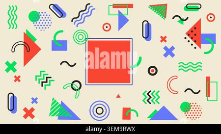 Abstraktes geometrisches Memphis-Muster mit bunten Formen auf hellem Hintergrund. Ein lustiges, im Retro-Stil inspiriertes Design, das sich perfekt für kreative Projekte, Poster und Branding-Grafiken eignet Stockfoto