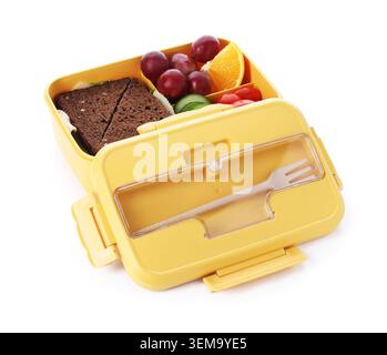 Lunchbox mit leckeren Speisen und Gabel isoliert auf weiß Stockfoto