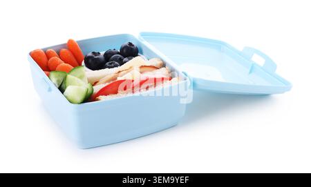 Lunchbox mit leckeren Speisen isoliert auf weiß Stockfoto