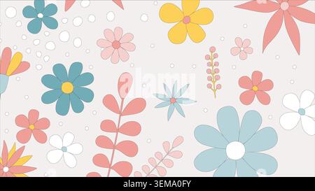 Ein bezauberndes, nahtloses Pastellmuster mit zarten Blumen und Blättern auf einem sauberen weißen Hintergrund. Ideal für Schreibwaren, Stoffdesign, Geschenkverpackungen, Tapeten und Projekte mit Frühlingsmotiven Stockfoto