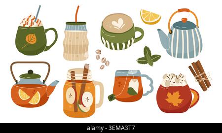 Gemütliche heiße Getränke Vektorset mit Tee Kaffee Kakao Teekannen und Herbstelementen Stock Vektor