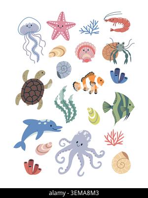 Niedliche Meereslebevektorelemente, die mit Quallen-Schildkröten-Delfin-Oktopus und Muscheln auf weißem Hintergrund für Kinderzimmer-Design eingestellt sind Stock Vektor