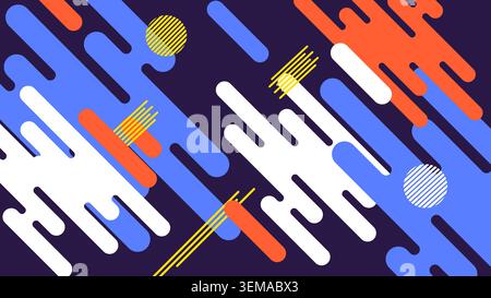 Ein im Retro inspirierter abstrakter Hintergrund mit farbenfrohen Bewegungsformen, hellen Grafiken und rhythmischem digitalen Fluss. Ideal für kreative Poster, Vorlagen für soziale Medien, Webbanner und Pop-Art-Designs Stockfoto