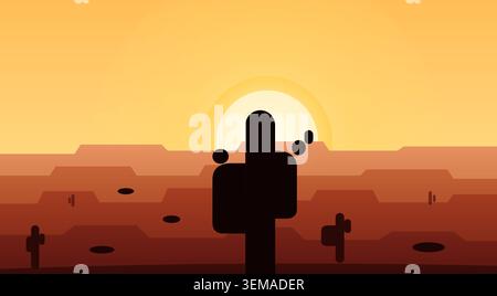 Minimalistische Wüstenlandschaft mit einer Kakteen-Silhouette bei Sonnenuntergang Stock Vektor