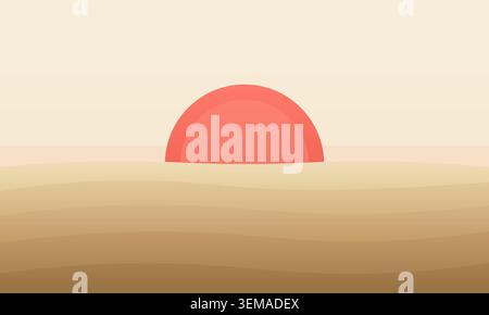 Minimalistische Landschaftsdarstellung mit einem rosa Sonnenuntergang über Sanddünen Stock Vektor
