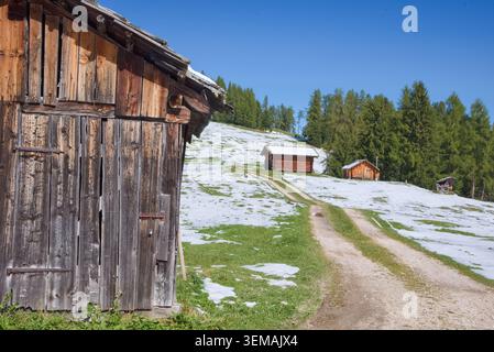 Traditionelle Almhütten auf einer Wiese mit einem Bergpfad und Schneeflecken in den italienischen Dolomiten, Alta Badia, Südtirol, Italien Stockfoto