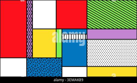 Dynamischer Memphis-inspirierter Hintergrund mit farbenfrohen geometrischen Formen, auffälligen Linien und verspielten Texturen. Perfekt für kreative Projekte, Poster und moderne Web-Visuals Stockfoto