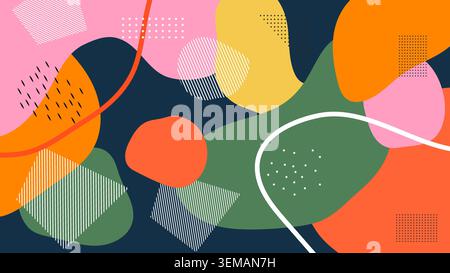 Farbenfroher abstrakter Hintergrund mit organischen Formen und geometrischen Mustern in Orange-, Grün- und Pink-Tönen. Ein markantes, modernes Design, ideal für Kunst, Poster und digitale Projekte Stockfoto