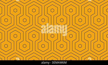 Sechseckige Schaltungsmuster in Orange und Schwarz, die einen nahtlosen, modernen geometrischen technischen Hintergrund schaffen Stockfoto