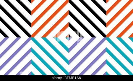 Kreativer diagonaler Chevron-Hintergrund mit leuchtenden Streifen in Orange, Petrol, Schwarz und Lila. Ideal für Poster, Verpackungen und Tapeten Stockfoto