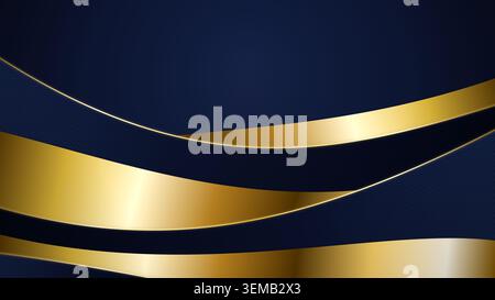 Raffinierte digitale Illustration, die elegante, reflektierende goldene Metallic-Wellen zeigt, die auf einem dunkelmarineblauen strukturierten Hintergrund kaskadieren. Stockfoto