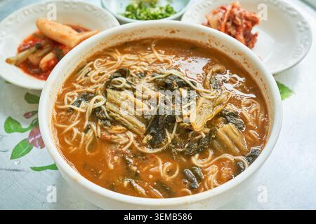 Rustikale regionale, dicke Süßwasserbrühe mit Weizensträngen und getrocknetem Gemüse, serviert mit Beilagen auf einem Aluminiumtablett in ländlicher Umgebung. Stockfoto