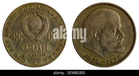 Historische sowjetische 1-Rubel-Gedenkmünze mit Lenin im Profil - Vorder- und Rückseite isoliert auf weiß. Stockfoto