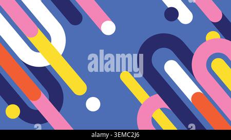 Farbenfroher abstrakter Hintergrund mit fließenden geometrischen Linien in Blau, Gelb, Rosa und Orange. Ein lebendiges und modernes, bewegungsorientiertes Design für digitale und kreative Grafiken Stock Vektor