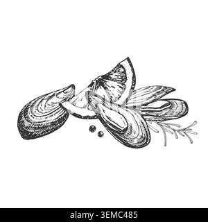 Muscheln, Zitrone und Rosmarin Hand gezeichnete Tinte Vektor Illustration Stock Vektor