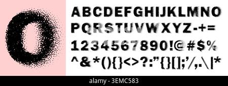 Gesprühte Schrift abc, verlaufsgepunktetes Alphabet mit rauschender schwarzer Figur. Schattenform, körnige englische Symbole und Zahlen, Pluszeichen. Lateinisch Stock Vektor