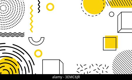 Abstrakter Memphis-Rahmen mit kräftigen gelben und schwarzen geometrischen Formen auf weiß, ideal für kreative Präsentationen, Poster, Web-Layouts und moderne digitale Branding-Projekte Stock Vektor