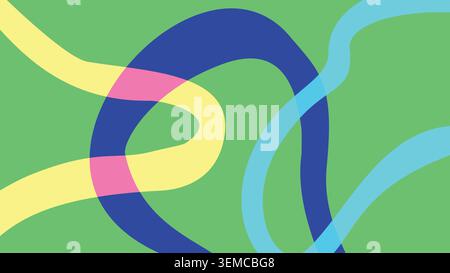 Abstraktes geometrisches Muster mit sich verflochtenen Neonbändern in Blau- und Gelbtönen auf grünem Hintergrund. Verspielte und dynamische Komposition Stock Vektor