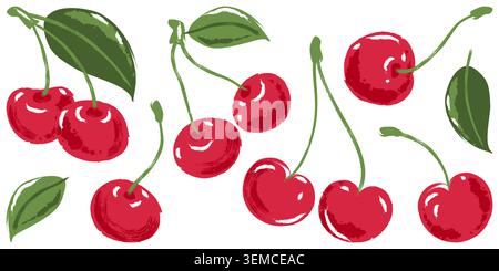 Vektor Aquarell Kirschfrüchte Set. Handgezeichnete rote Kirschen-Beeren-Illustration. Trendige, isolierte Vintage-Designelemente Stock Vektor