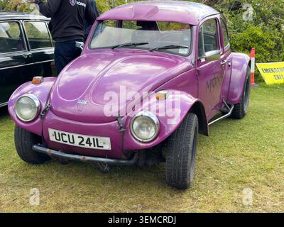 Individueller violetter Volkswagen Käfer parkte auf Gras auf einer Fahrzeugausstellung im Freien in Großbritannien Stockfoto