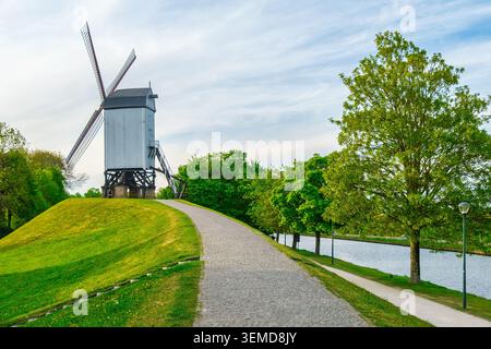 Historische Windmühlen säumen die alten Stadtmauern von Brügge während der goldenen Stunde und zeigen die traditionelle flämische Landschaft und den mittelalterlichen Charme Belgiens. I Stockfoto