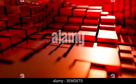 Ein dynamisches 3D-Rendering mit zahlreichen orangefarbenen Würfeln, die in markantes Licht getaucht sind und ein faszinierendes abstraktes Muster erzeugen. Das lebendige Design bietet einen Sen Stockfoto