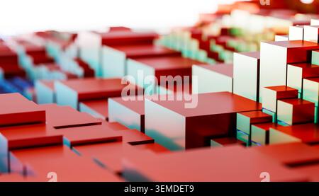 Ein atemberaubendes 3D-Rendering mit einem abstrakten Arrangement aus orangefarbenen Würfeln, das das Wesen einer futuristischen, dynamischen Landschaft mit lebendiger Tiefe und lebendiger Tiefe einfängt Stockfoto