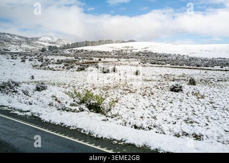 Malerische Aussicht auf eine ländliche Alpenlandschaft und sanfte Hügel, die mit frischem weißem Schnee bedeckt sind, entlang einer Asphaltstraße unter einem bewölkten blauen Himmel. Stockfoto