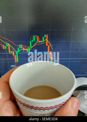 Ein Blickwinkel einer Person, die Kaffee trinkt, während sie fluktuierende Kerzendiagramme und Investitionsdaten auf einem dunklen Computermonitor analysiert, Highli Stockfoto