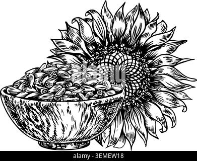 Sonnenblumenkerne in einer Holzschale und eine Sonnenblumenblume. Handgezeichnete Schwarz-weiß-Vektorillustration. Element des Etiketts und Verpackungsdesigns, AS Stock Vektor