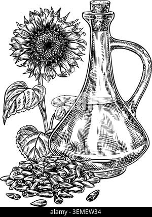 Sonnenblumenöl. Handgezeichnete Schwarz-weiß-Vektorillustration. Glasflasche mit Öl und Sonnenblumen und eine Handvoll Samen. Element der Beschriftung und Stock Vektor